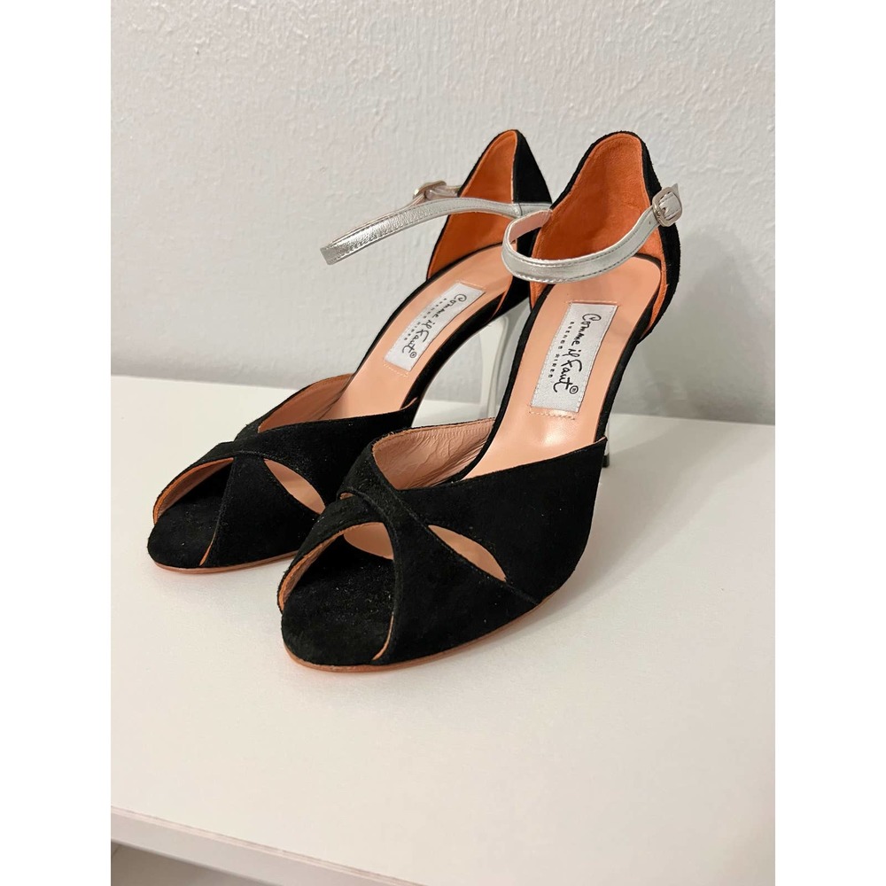 Comme il Faut black suede and silver heels